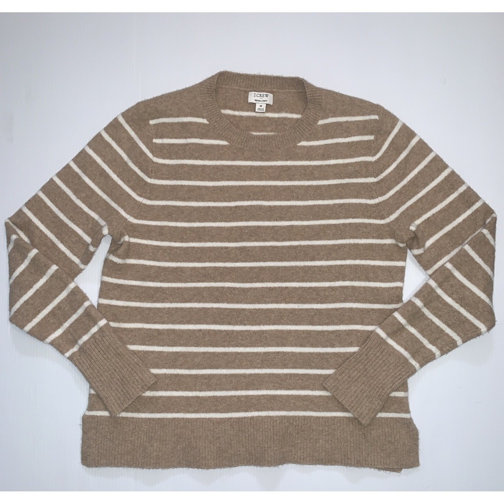 J Crew Sweater Womens M Beige White Stripe Extra Soft Heritage Academia Cozy